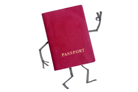 红色护照，有油漆的手和脚，显示手势，好的