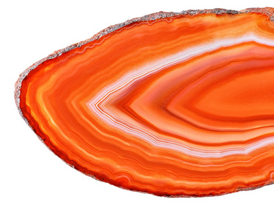 玛瑙矿物集合惊人的橙色玛瑙晶体截面从巴西,背光隔离在白色背景.
