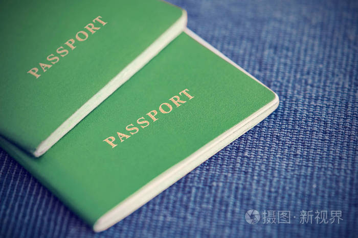 两本蓝色纺织背景的绿色护照