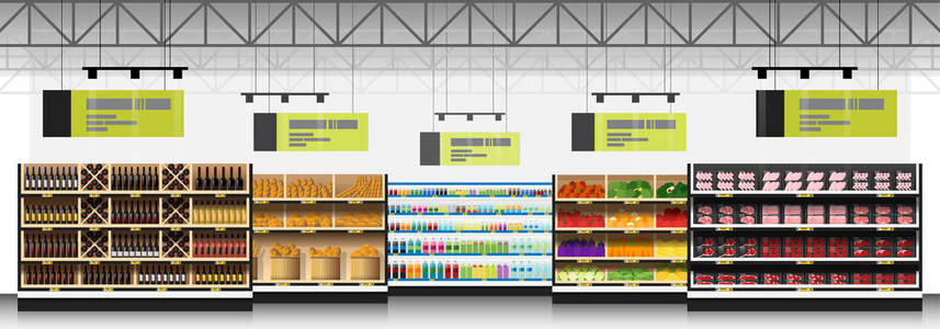 现代超市内部场景与产品背景矢量插图