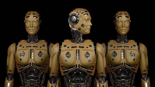 三个非常详细的未来机器人或一组半机器人在黑色背景3D渲染。