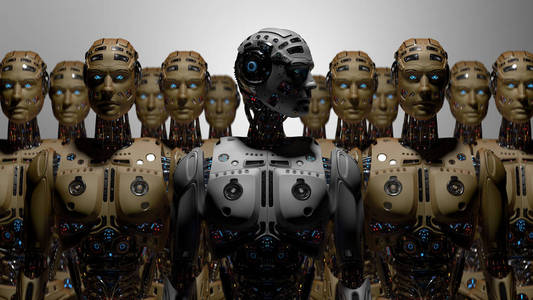 未来派机器人军队或一群半机人在灰色背景3D渲染上