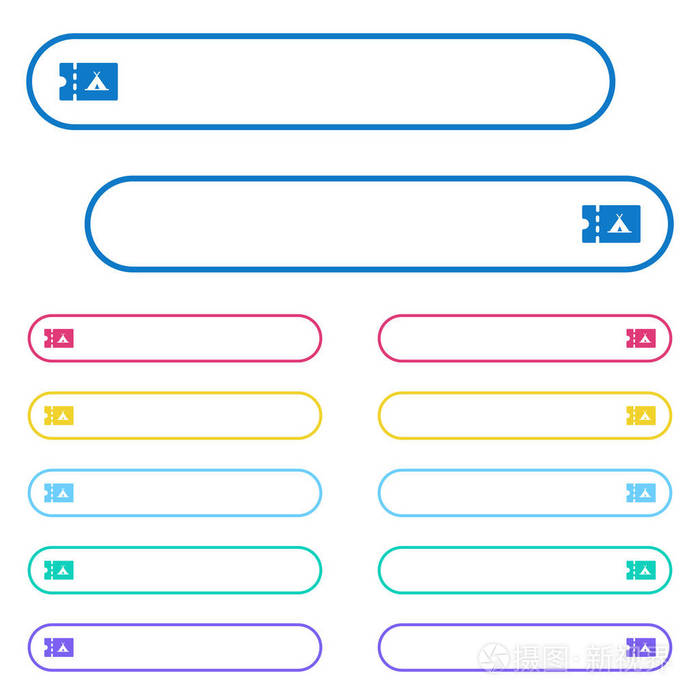 野营折扣优惠券图标在圆形彩色鬼按钮。 左右两侧图标变化。 按钮文本可以用CSS调整。