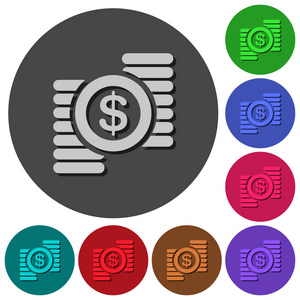 美元硬币图标与彩色圆形背景阴影材料设计
