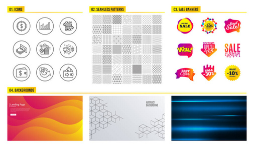 无缝图案。 商场横幅。 一组列图，现金卡和美元钱包图标。 购物袋24小时和销售扩音器标志。 货币和钱包符号