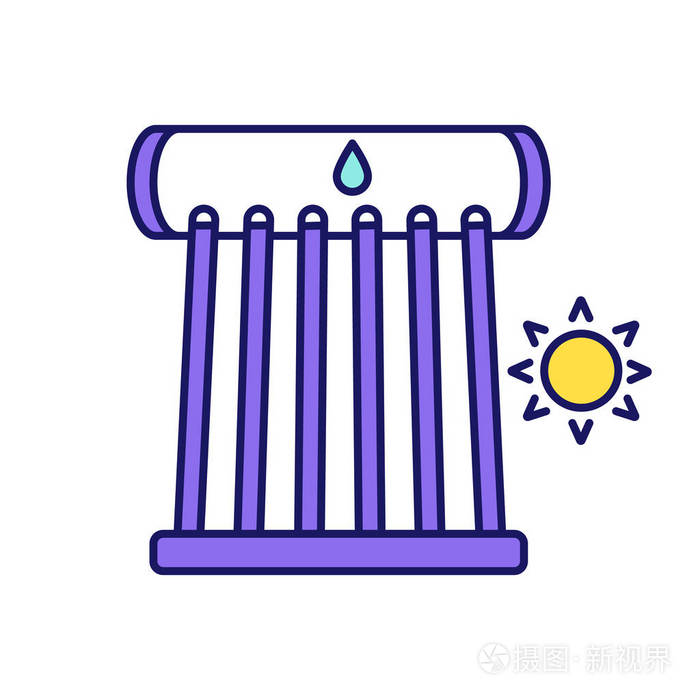 能热水器颜色图标太阳能集热器管和水箱生态水加热系统孤立矢量插图