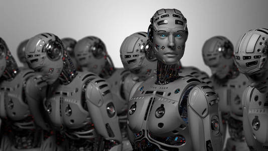 三维渲染非常详细的未来派机器人军队或一组半机人在灰色背景