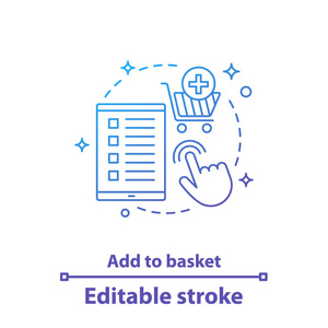 添加到篮子概念图标。 网上购物。 数字购买理念细线插图。 选择项目