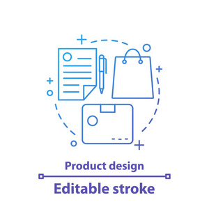 产品设计概念图标。 品牌理念细线插图。 平面设计。 文具。 矢量孤立轮廓绘制。 可编辑行程
