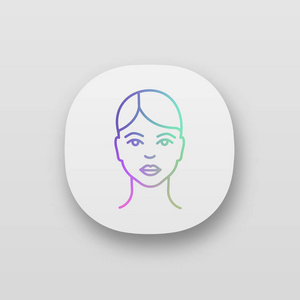 女人脸应用图标。 年轻健康的皮肤。 女士。 用户简介。 女性化身。 用户界面ux用户界面。 网络或移动应用程序。 矢量孤立插图