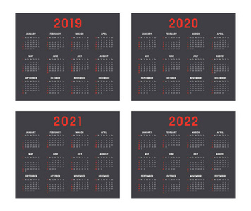 一套极简日历年2019，2020，2021，2022周开始星期日黑色背景矢量模板。