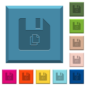 复制文件刻在各种时髦颜色的方形按钮上的图标