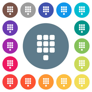 拨号垫平白色图标在圆形颜色背景。包括17种背景颜色变化。