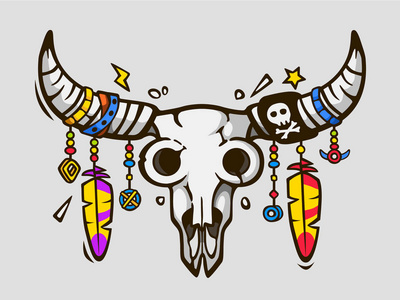 波西米亚风情。民族纹身风格。美洲原住民或墨西哥公牛头骨与羽毛上角
