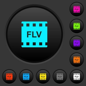 FLV电影格式暗按钮与生动的颜色图标深灰色背景