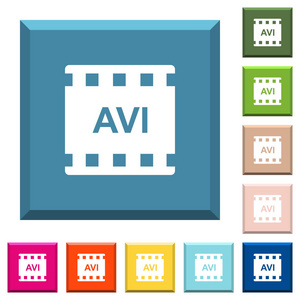 AVI电影在各种时髦颜色的方形按钮上设置白色图标