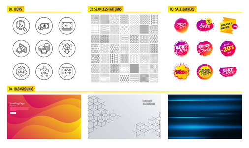 无缝图案。商场横幅。一套购物，折扣和销售图标。现金美元货币和欧元货币标志。货币审计，提示和货币转移符号。矢量