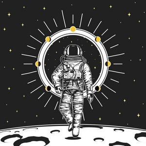 宇航员探索冒险.雕刻手画在旧素描, 复古风格的标签或 t恤照片