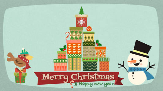 圣诞快乐，新年快乐，雪人卡通人物背景，圣诞快乐，新年快乐矢量插图。