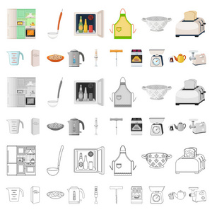 厨房设备卡通图标集合中的设计。厨房和附件矢量符号股票网站插图