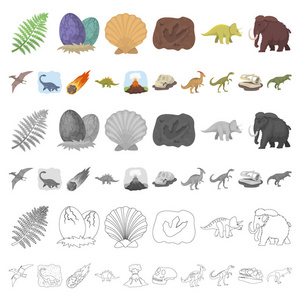 不同的恐龙卡通图标集合中的设计。史前动物媒介符号股票网页插图