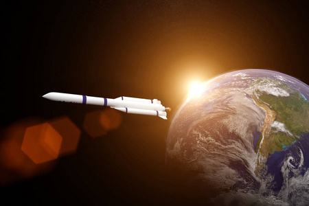 火箭即将离开地球进入这幅由美国宇航局3D渲染提供的图像的未知元素