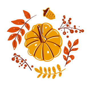 秋叶和南瓜. 向量ilustration. 孤立在白色背景上.