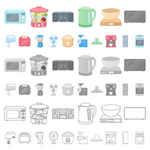 家用电器的类型卡通图标集合中的设计。厨房设备矢量符号库存 web 插图