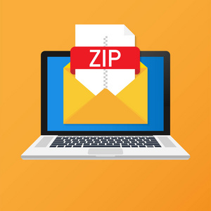 带信封和 Zip 文件的笔记本电脑。笔记本和电子邮件与文件附件 Zip 文档。向量例证