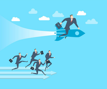 商人绘图火箭快乐的年轻商人在火箭上领先于竞争对手照片