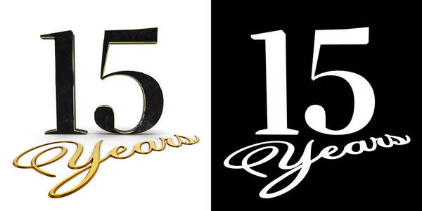 黄金数字15数字15和铭文岁月与下降阴影和阿尔法通道. 三维插图.照片