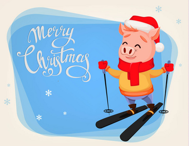 圣诞快乐贺卡与可爱的猪戴圣诞老人帽和围巾。 欢快有趣的卡通人物滑雪。 冬季背景矢量图