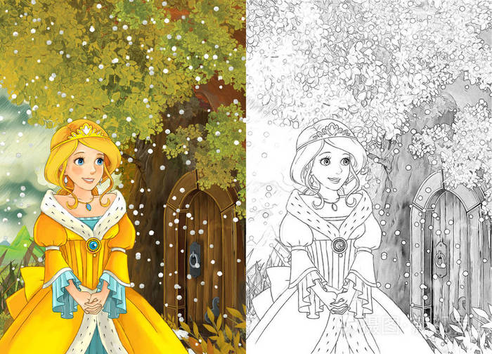 卡通童话场景一位年轻的女孩公主在雪地里去树屋为孩子们做插图