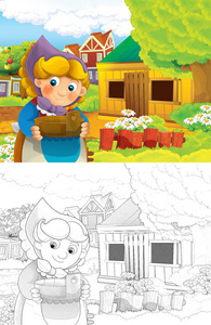 卡通场景与快乐的妇女在农场工作，为儿童提供彩色页面插图