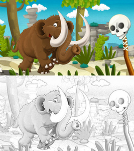 卡通史前的快乐和有趣的场景，带着微笑的猛犸在丛林中散步，为孩子们提供彩色页面插图