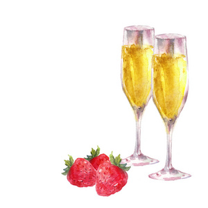 带葡萄酒和草莓的香槟杯。 白底水彩插图