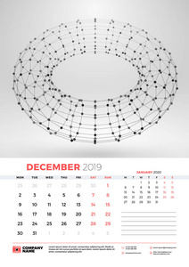 墙日历模板2019年12月与抽象几何背景。 一周从星期一开始。 矢量插图