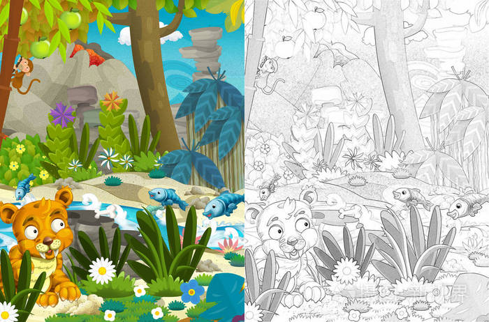 卡通自然场景的丛林与彩色页插图儿童