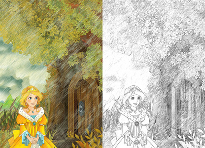 卡通童话场景，一位年轻的女孩公主在雨中去树屋为孩子们做插图