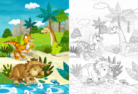 丛林中恐龙的卡通场景,儿童用彩色页面插图照片