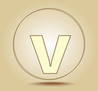字母 V 小写, 圆形金色图标在浅金色渐变背景。社交媒体图标。向量例证