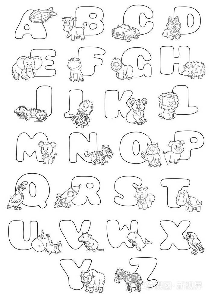 为儿童提供带有卡通人物的教育字母表着色书页矢量插图插画-正版捎妹