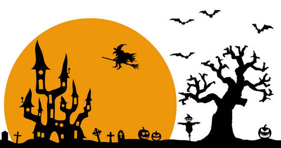 黑暗城堡和女巫在满月前与可怕的插图元素万圣节背景布局