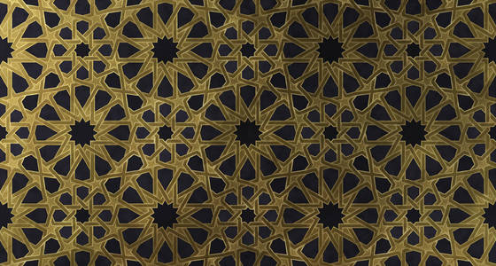 基于传统东方图形图案的背景设计插图。 具有金色艺术质感的伊斯兰装饰图案。 阿拉伯民族马赛克与交错线和几何瓷砖装饰。