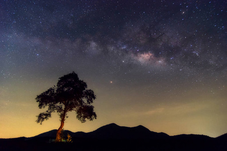 银河系，宇宙中有恒星和空间尘埃，夜空上有黄道十二宫灯，山景上有云移，PhuSawan水库Pheetchaburi。