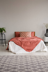 灰色卧室内部的花纹地毯，植物间床上有红色床单。真实照片