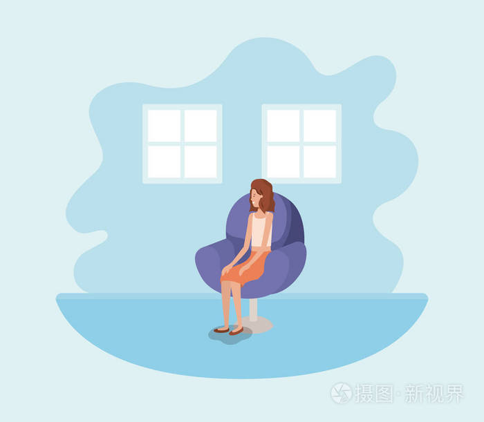 年轻的女人坐在沙发插画-正版商用图片13i11n-摄图新视界