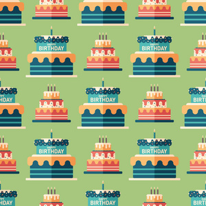 生日快乐蛋糕平面艺术无缝图案。