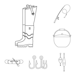 鱼和捕鱼图标的矢量设计。一套鱼和设备矢量图标股票