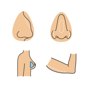 整形外科颜色图标设置。 鼻成形术驼峰摘除乳腺硅胶种植体臂举术。
